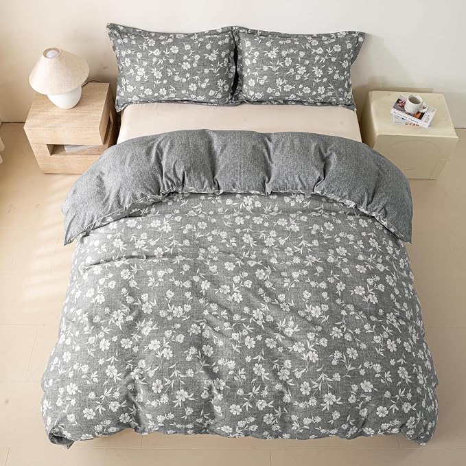 OAITE Grey Flower Twin Size Duvet Cover-3 Pieces Prewashed Cotton-Like - Image 6
