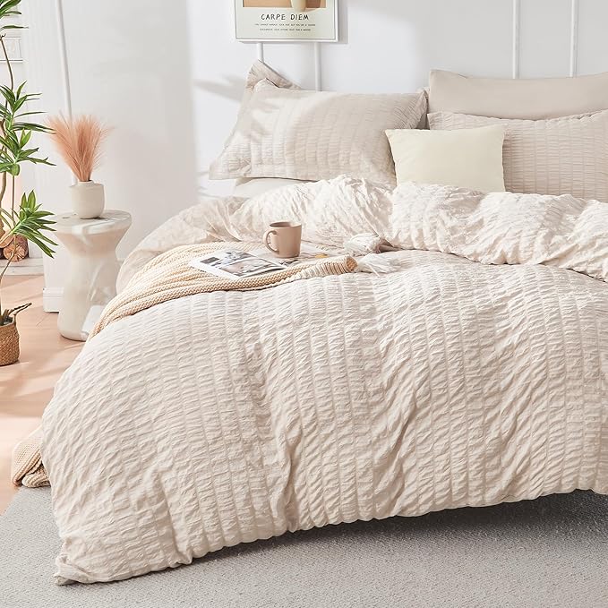 HYMOKEGE Beige Oversized King Comforter Set Seersucker 7 Pieces, All Season - Image 3