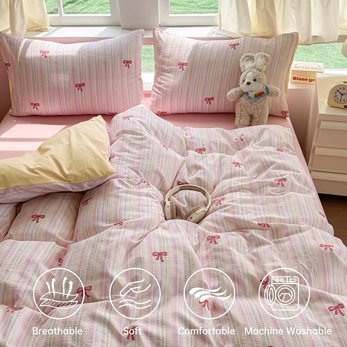 BOLINLIVING Pink Bow Duvet Cover King Size, Girls Cute Striped Bowknot Yellow - Image 3