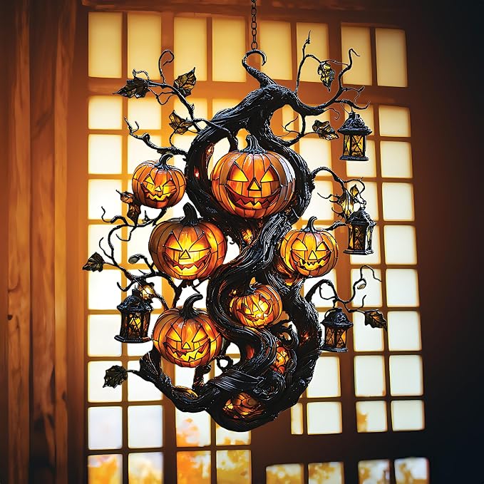 Skeleton Jack O’Lantern with Bats Acrylic Suncatcher by Unknown