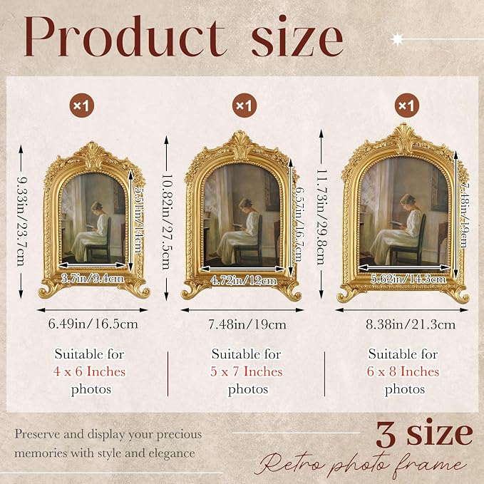 Wonderjune 3 Pcs Vintage Picture Frames Antique Set Baroque Ornate Gold Arched - Image 2