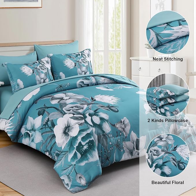 Luxudecor Floral Comforter Set Twin Size 5 Piece, Teal Blue Flower Bed in a Bag - Image 6