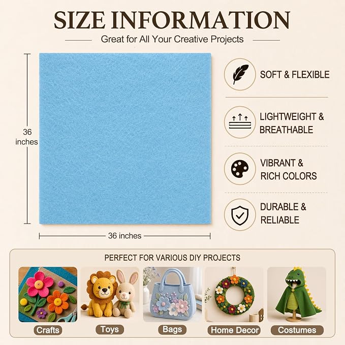 Baby Blue Large Felt Fabric 36" x 36", 1.4 mm Soft Felt Sheet, Nonwoven Fabric - Image 3