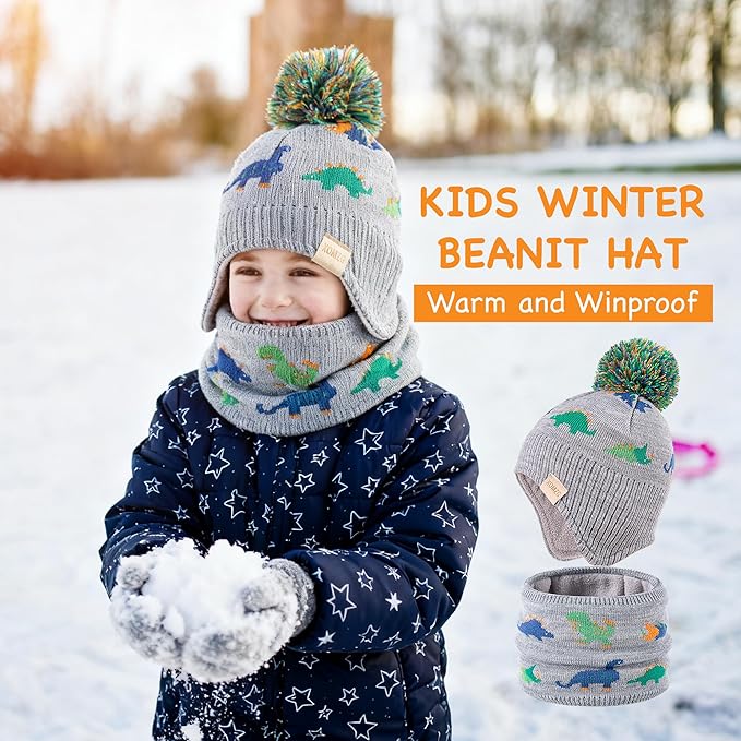 Beanie Knit Hats for Toddlers with Earflap Fleece Lined Hat Kids Warm Winter Hat Scarf Set Children's Thick Ski Cap