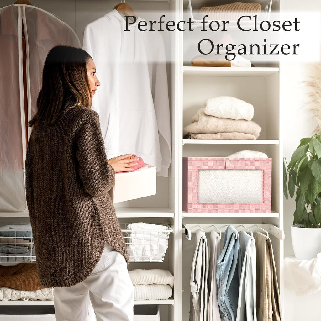 Criusia 4 Pack Linen Closet Organizers and Storage, Closet organizer Large Linen Closet Baskets for Organization, Foldable Storage Containers for Towels, Clothing, Jeans, Books, Shelves, Pink