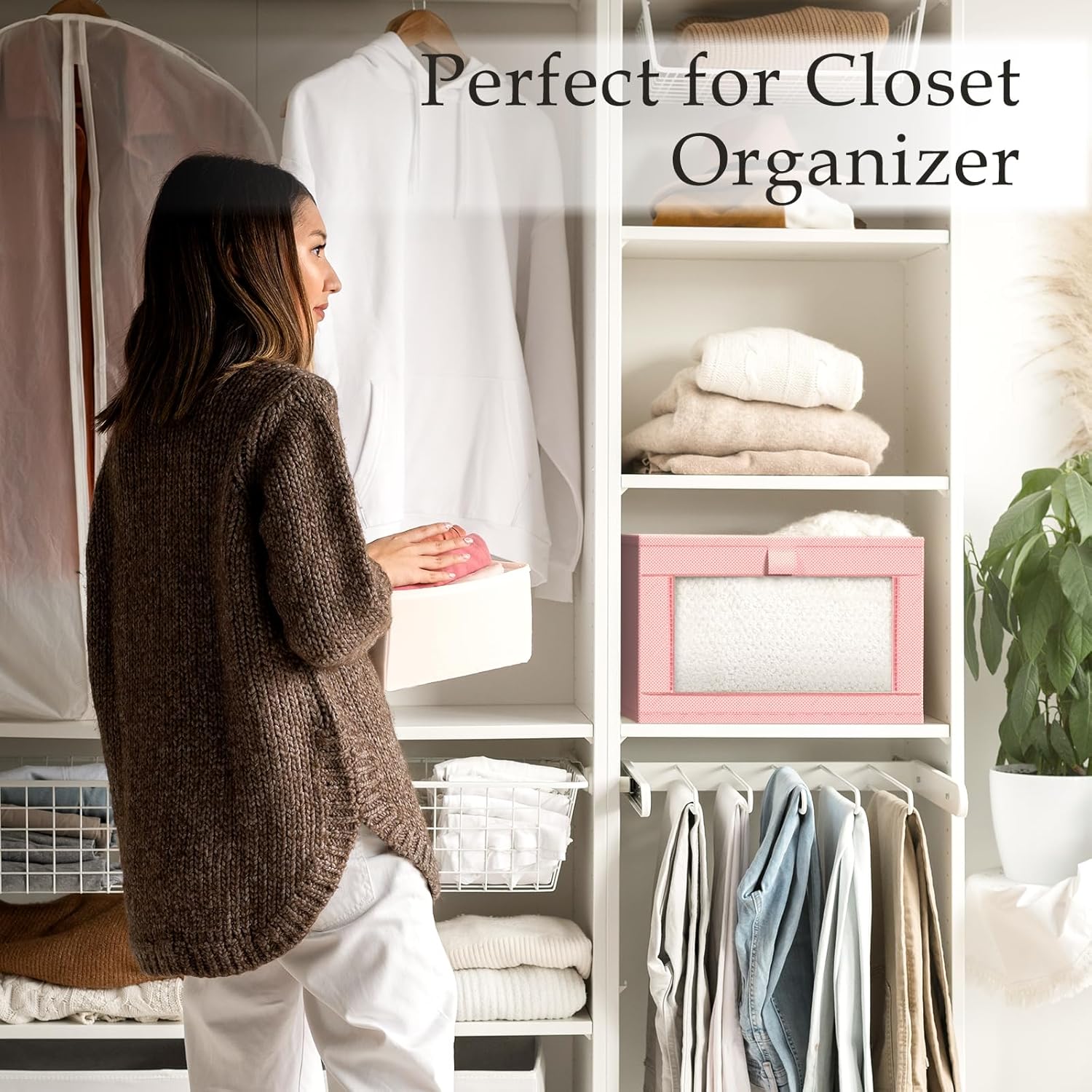 Criusia 4 Pack Linen Closet Organizers and Storage, Closet organizer Large Linen Closet Baskets for Organization, Foldable Storage Containers for Towels, Clothing, Jeans, Books, Shelves, Pink