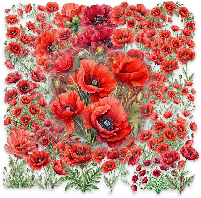 50PCS Red Corn Poppy Flower Stickers, Watercolor Wildflower Botanical by YOKSAS