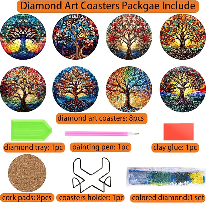 TDOOW Diamond Art Painting Coasters 8 Pcs Colorful Tree Diamond Art Coasters - Image 3