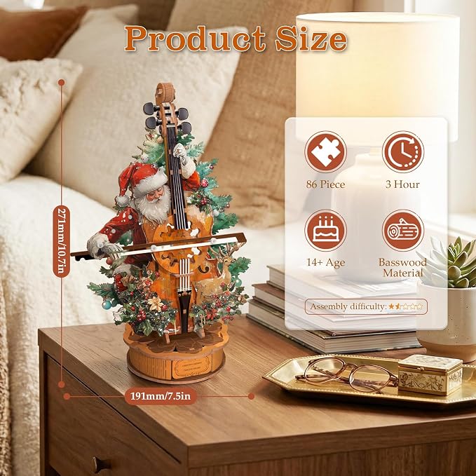 3D Wooden Puzzles for Adults, Christmas Cello Music Box, DIY Cello Model Kit - Image 4