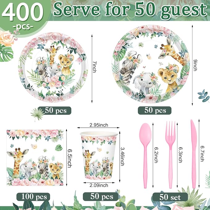 Pickmesh 400 Pcs Safari Birthday Party Supplies Include Pink Green Jungle - Image 2