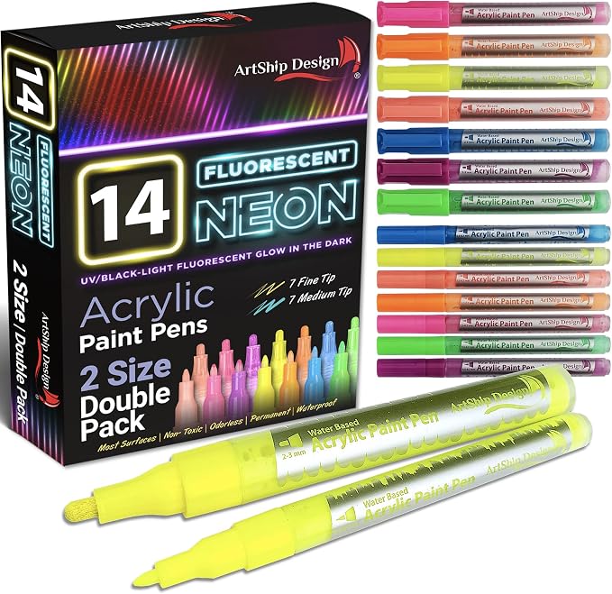 14 Pack Neon UV Fluorescent Acrylic Paint Pens, Double Pack of Both Extra Fine by ArtShipDesign