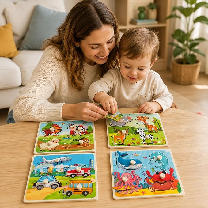 Wooden Peg Puzzle Set for Toddlers, 4 Pack Animal Vehicle Ocean Farm Puzzles - Image 7