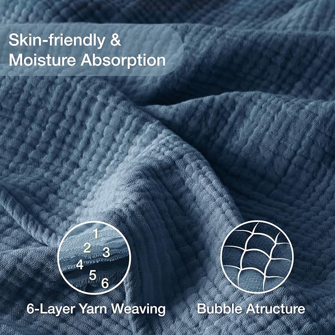 100% Cotton Light Blue Throw Blanket 50" x 70", 6 Layers Large Breathable and - Image 4