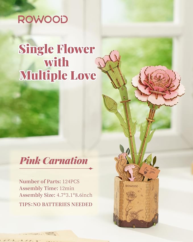 rowood 3D Puzzle Wood Flower, DIY Artifical Flower Building Set Craft Kit - Image 3