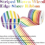 HUIHUANG Rainbow Stripe Sheer Wired Ribbon 2.5 inch Multi-Colored Stripes Wire - Image 4