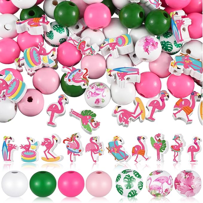 Tradder 200 Pcs Summer Flamingo Beach Beads Set Tropical Round Wood Charms by Tradder