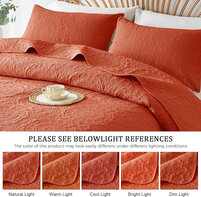 WURUIBO Burnt Orange Quilt Set Queen Size, Embossing Microfiber Full Bedspreads - Image 6