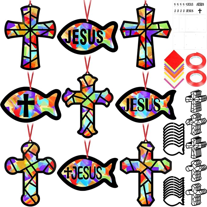 48PCS Sunday School VBS Crafts Bulk: Paper Cross Fish Nativity Suncatchers by Renbuzhu