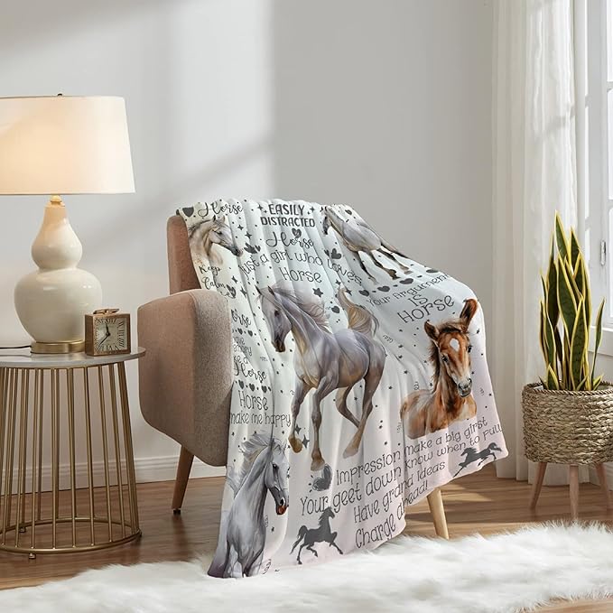 Horse Throw Blanket for Women Men Flowers Animals Blanket Gifts for Adults Cute Horse Lightweight Blanket 60X80 Inches for Bed All Season