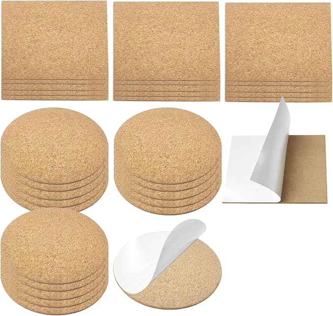 30 Pcs Adhesive Cork Sheets for DIY Coaster, 4 Inch Round and Square by ZJO