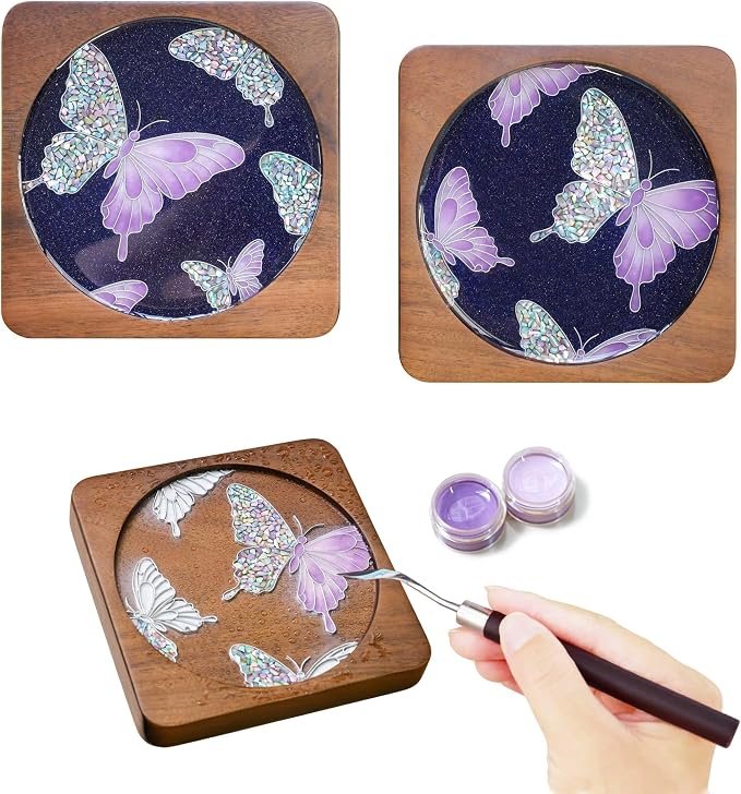 Wooden Coasters Craft Kits – Filigree Enamels Painting DIY Coasters Art by Blauwhim