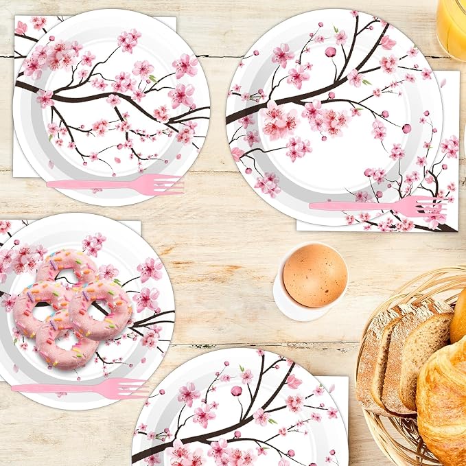 Qyeahkj 100 PCS Cherry Blossom Party Supplies Set Cherry Blossom Plates and - Image 5