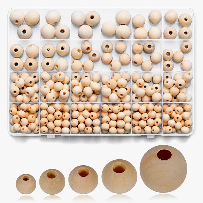 280pcs Wooden Beads for Crafts 5 Sizes Unfinished Wood Bead Bulk 8mm, 16mm by Unknown