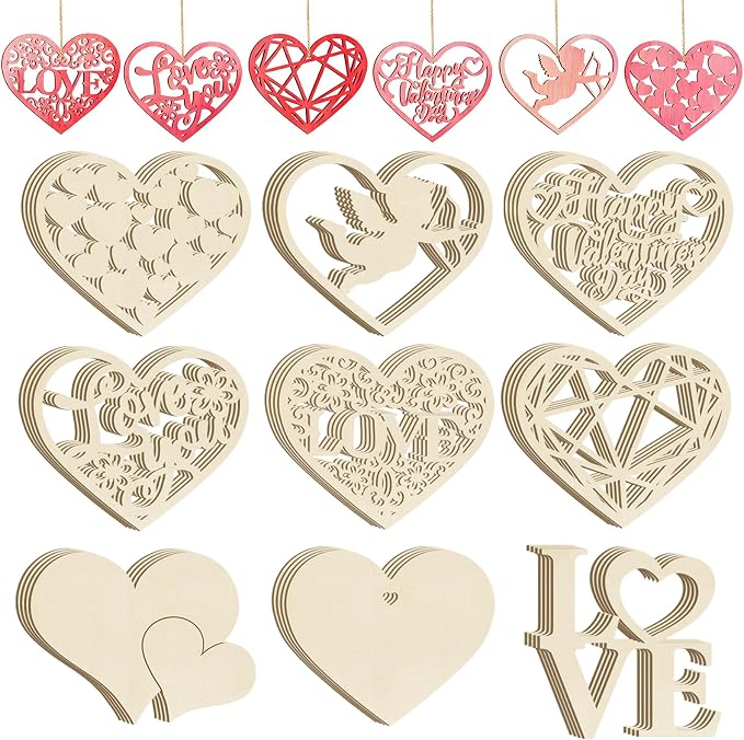 36PCS Wooden Heart Ornaments to Paint Valentine's Day Craft, 9 Styles DIY Blank by Sophena