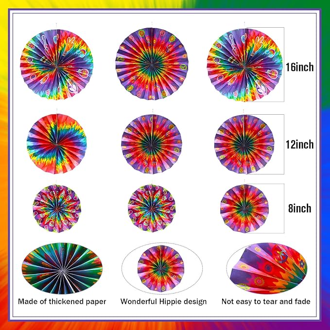 Outus Tie Dye Party Supplies Groovy Hippie Hanging Paper Fans Classroom - Image 2