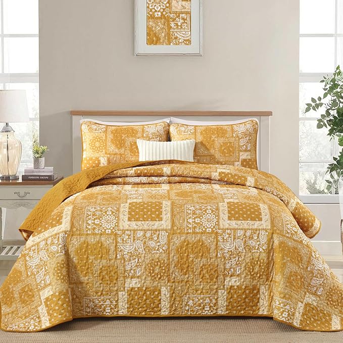Cottolester Boho Quilt Set Queen Size, 3 Pieces Yellow Patchwork Paisley Quilt by Cottolester