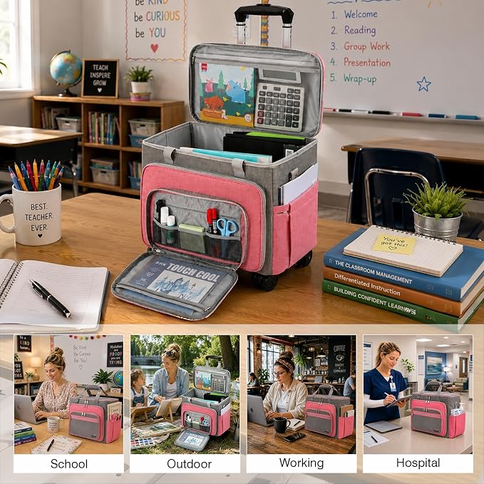 Rolling Teacher Bag With Wheels, Tote Organizer With Detachable Trolley - Image 6