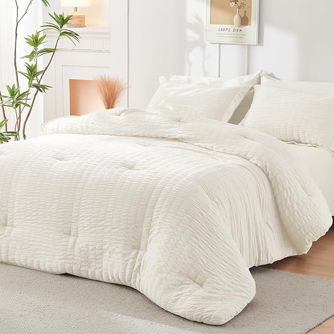 HYMOKEGE Ivory King Size Comforter Set Seersucker 7 Pieces, All Season Luxury - Image 8