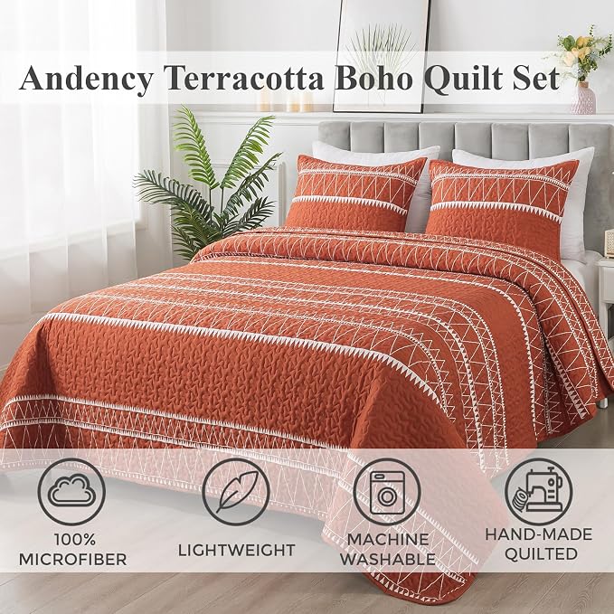 Andency Terracotta King Size Quilt Set, 3 Pieces Boho Lightweight Soft Striped - Image 2