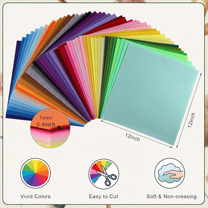 46 Pcs Felt Fabric Sheets, 12 x 12 Inch 46 Colors Felt Pack, 1 mm Thick | Soft - Image 3