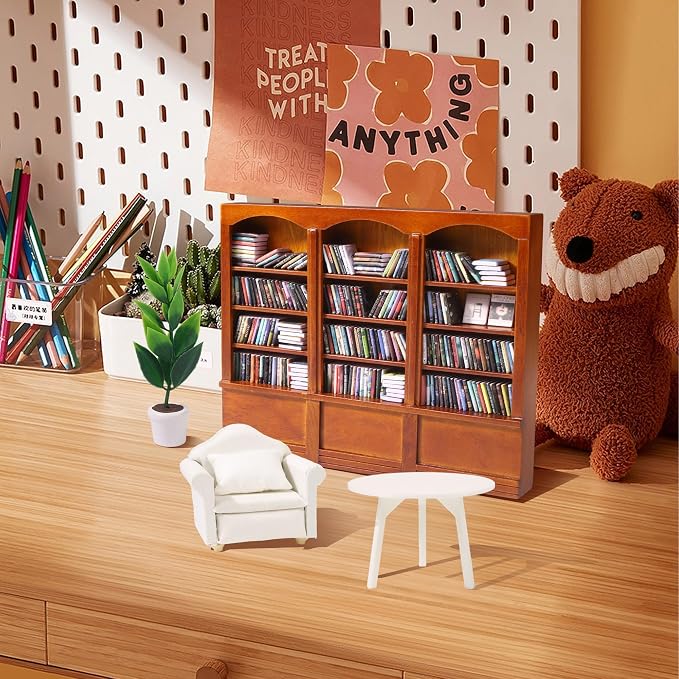 DIYDEC Mini Bookshelf with 240pcs Mini Books Sofa Desk Plant Miniature Anxiety - Image 6