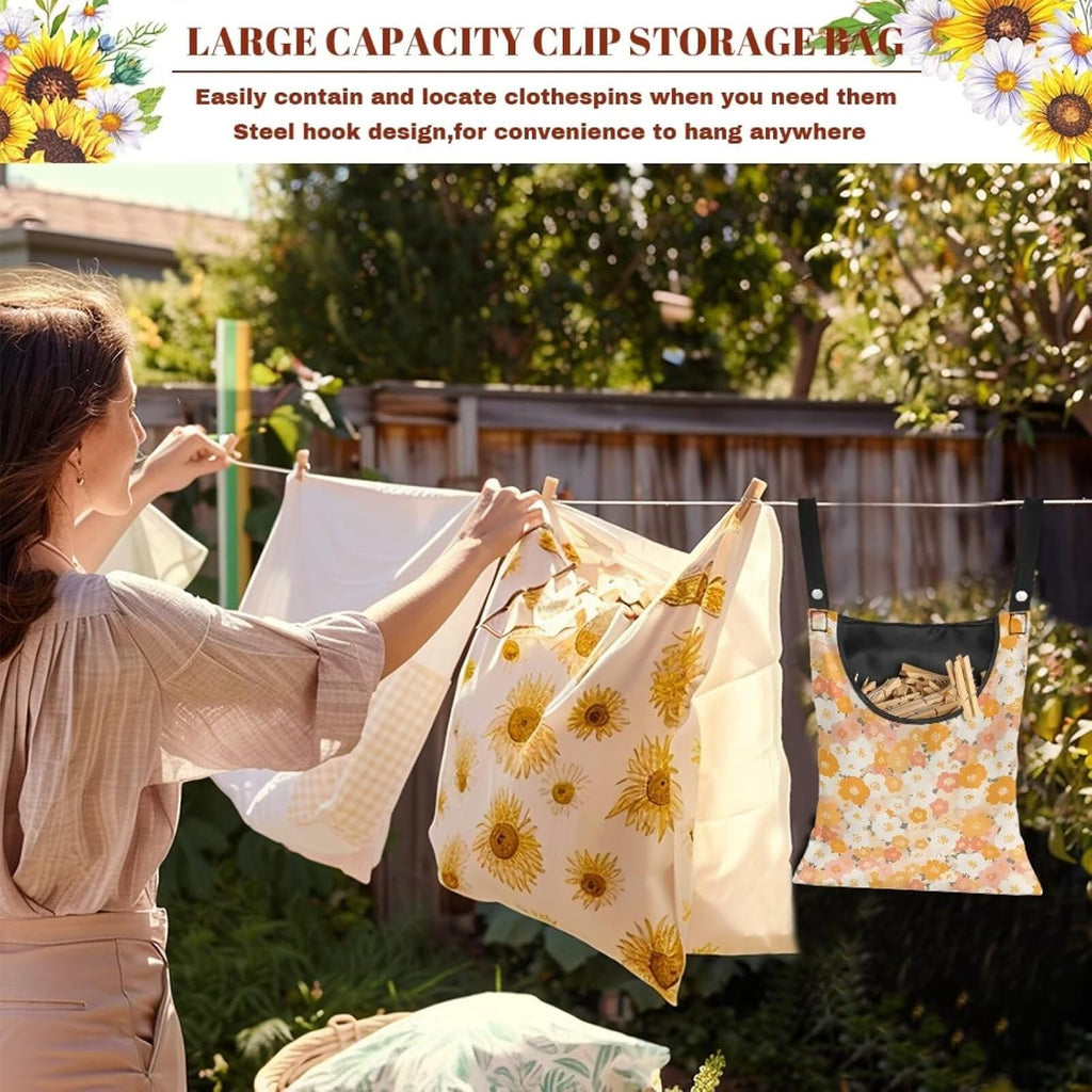 Clothes Pin Hanging Bag with Hanging Rope 14.5 X 12 Inch Clothespin Bag for Clothes Pins and Clothespins Heavy Duty Outdoor Use - Floral Yellow