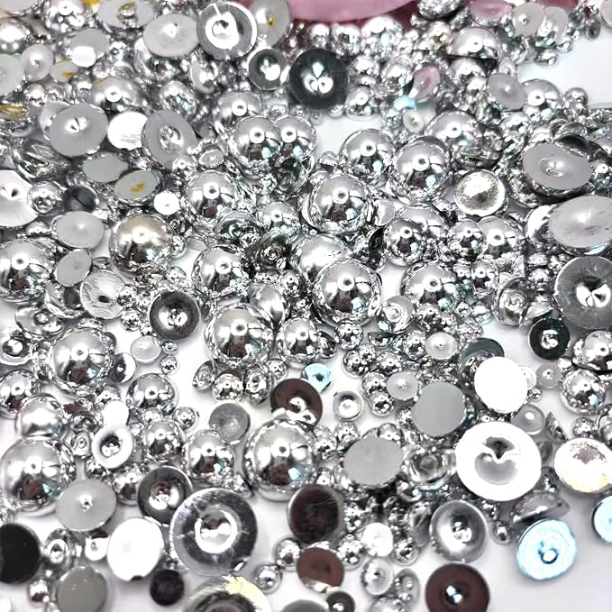 Sqqzuie1500PCS 3-14mm Shiny Silver Flatback Pearls, 150g Half-Round ABS Pearls by Sqqzuie