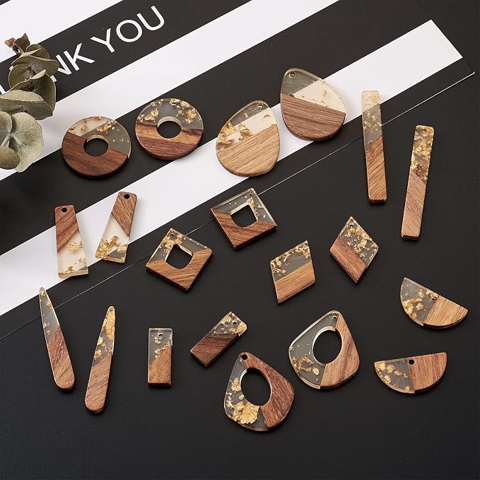 FASHEWELRY 12Pcs Resin & Walnut Pendants 6 Styles Rectangle Oval Bullet - Image 4