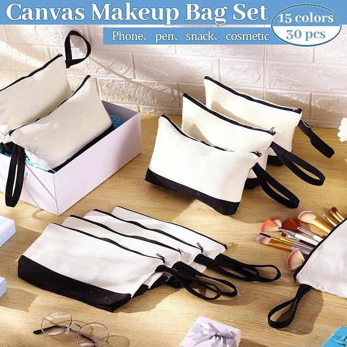 Silkfly 30 Pcs Cotton Canvas Makeup Bags Cosmetic Zipper Bags 10.2 x 5.5 x 2'' - Image 3
