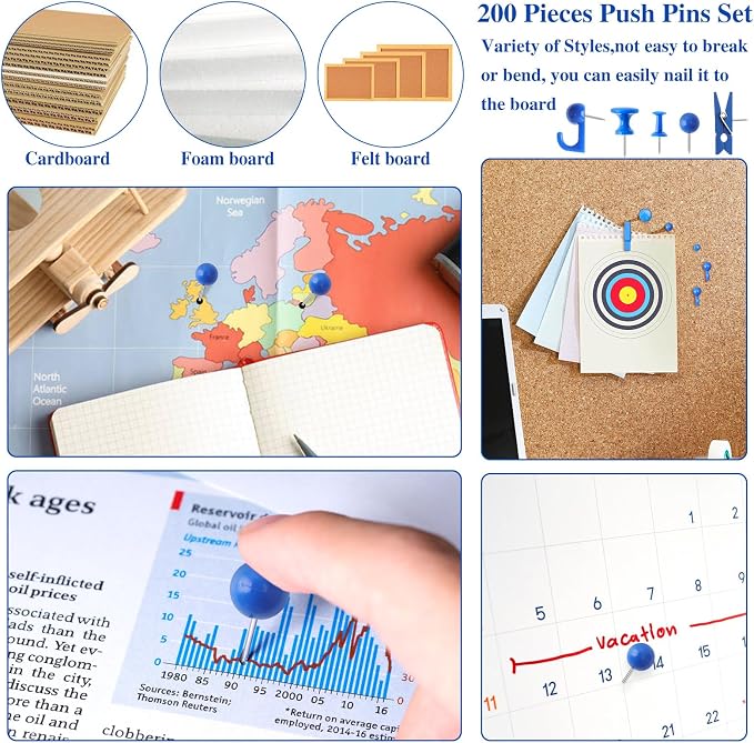 BESARME 200 Pcs Push Pins for Bulletin Board, Thumb Tacks for Cork Board | Blue - Image 7
