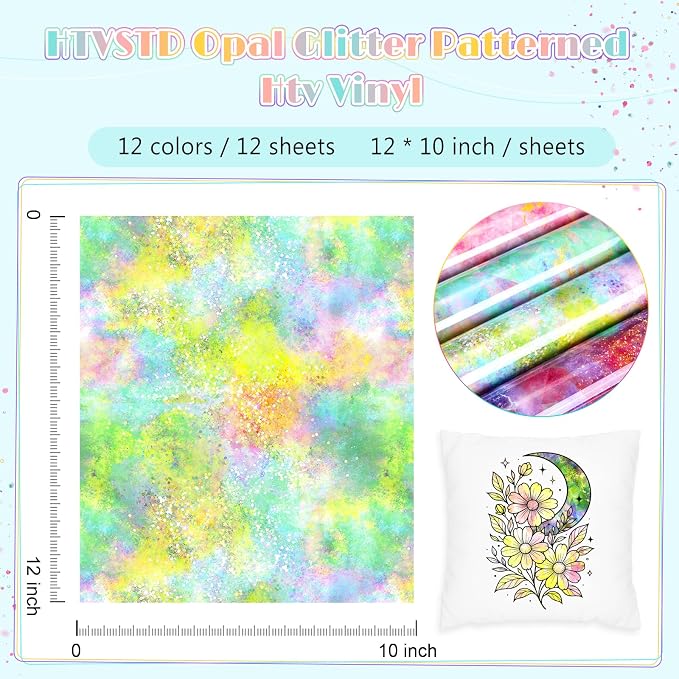 HTVSTD Opal Glitter HTV Heat Transfer Vinyl 12Sheets 12×10in Iron on Vinyl | - Image 2