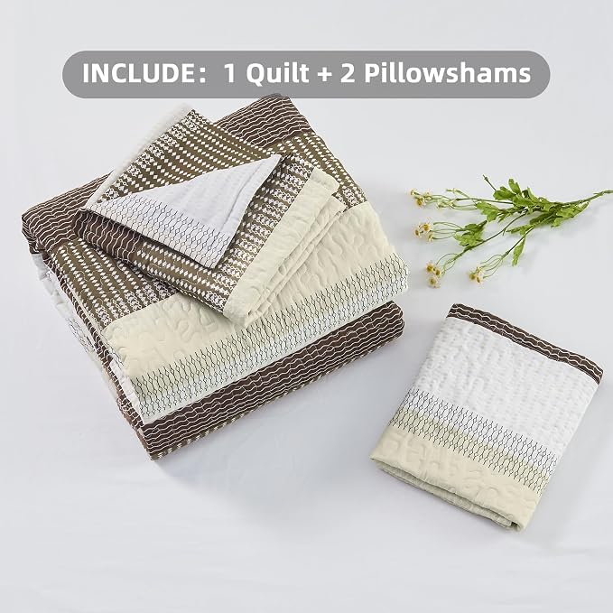 Andency Queen Quilt Bedding Set Mocha Brown, 3 Pieces Patchwork Summer Striped - Image 6