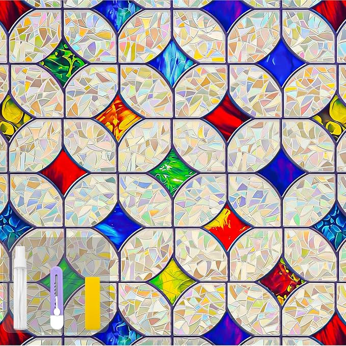 QHY Sunshine Colorful Rainbow Stained Glass Window Film Non-Adhesive Window by QHYsunshine