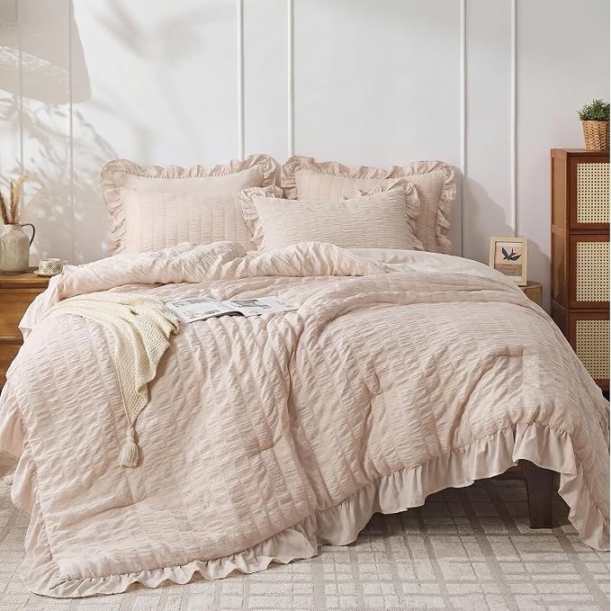 JOLLYVOGUE Beige Twin Size Comforter Set, 2 Pieces Seersucker Lightweight by JOLLYVOGUE