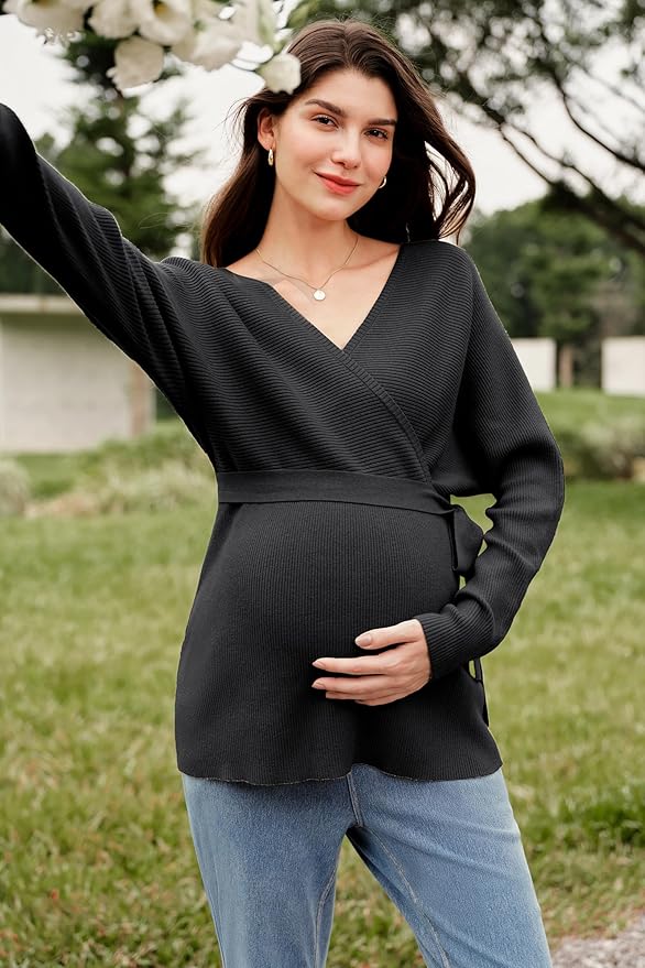 OUGES Womens Soft Cotton Blend Maternity Sweater Wrap V Neck Long Sleeve V Back Fall Shirts Pregnancy Outfits with Belt