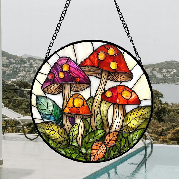 DASTOLL Stained Glass Window Hanging, Mushroom Leaves Suncatcher - Image 4