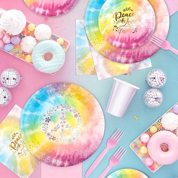 150 PCS Tie Dye Party Supplies, Pastel Tie Dye Tableware Set Napkin Peace Love - Image 4