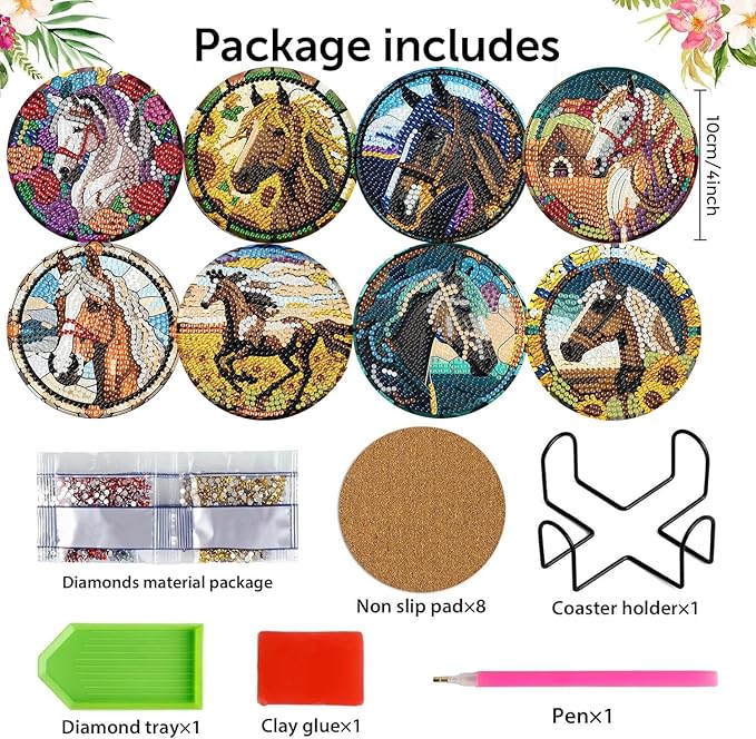 Zythron 8 Pack Diamond Art Coasters, Horse Diamond Painting Coasters Kits | - Image 2