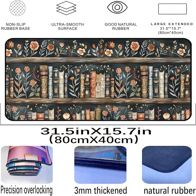 Vintage Flower Bookshelf Desk Mat, Library Book Mouse Pad Desk Pad, Extended - Image 2