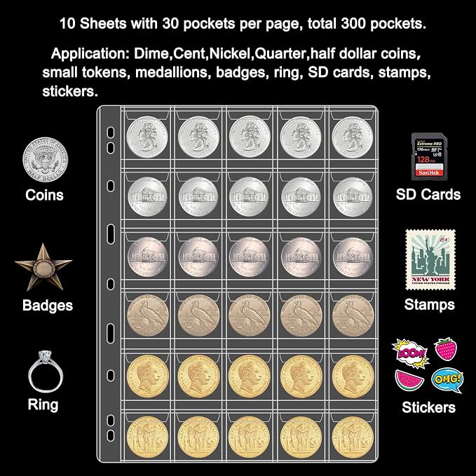 30 Pocket Coin Pages for Collectors, 10 Sheets Coins Sleeves Coin Holders Stamp - Image 2